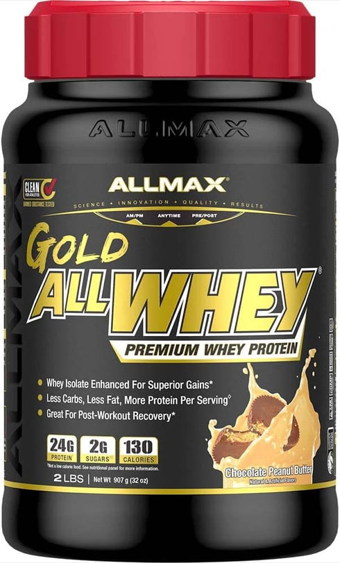 ALLMAX Nutrition Gold ALLWHEY, Chocolate Peanut Butter - 2 lb - 24 Grams Protein Per Scoop - Gluten Free, Low Carb &