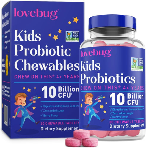 LOVEBUG Probiotics for Kids – Sugar-Free Probiotic Chewables with Prebiotic Fiber for Age 4+, 30 ct