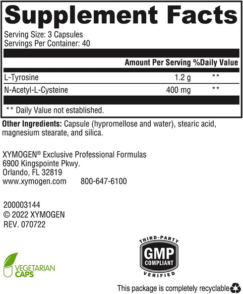 XYMOGEN AdrenaMax - L-Tyrosine + N-Acetyl-L-Cysteine NAC Supplement for Mood, Focus, Alertness - 120 Capsules