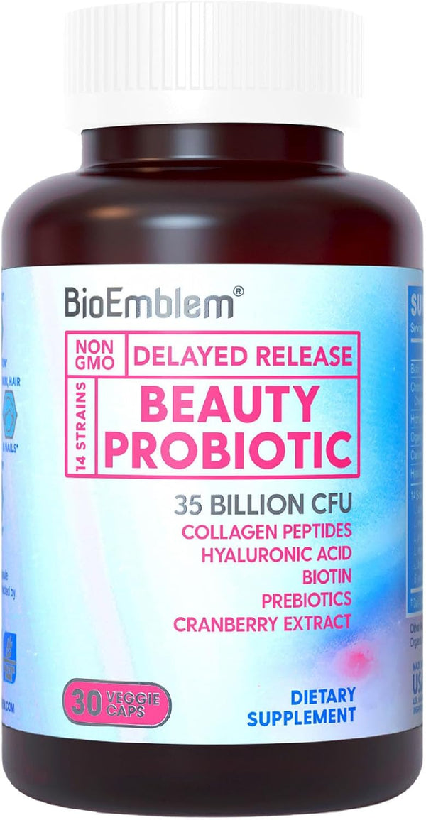 BioEmblem Beauty Probiotics for Women, 35 Billion CFU, 30 Caps for Digestive Health & Hair Skin