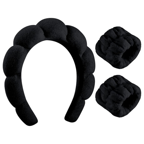 Black Sponge Spa Headband and Wrist Washband Set for Women, Face Washing, Skincare, Shower, Makeup Removal