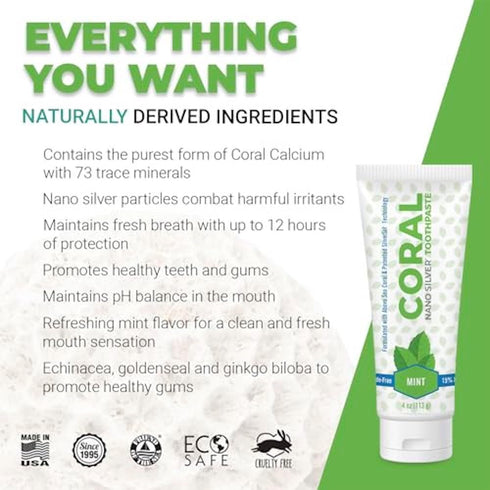 Coral White Nano Silver Mint Toothpaste (2 Pack) - Natural Fluoride Free Teeth Whitening, Coral Calcium Nano Silver
