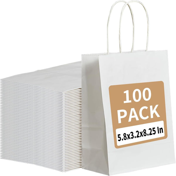 RACETOP 100 Pack White Kraft Paper Gift Bags with Handles | 5.8x3.2x8.25 Inch | Bulk Retail Shopping Bags