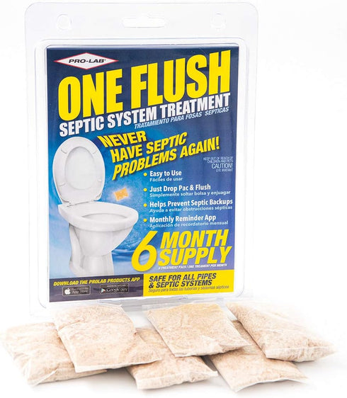 ONE FLUSH - Septic Tank Treatment Packets, 6-Month Supply of Easy-Flush Bacteria & Enzyme Packets - Proactive Prevention for Sewage Backups, Made in the USA