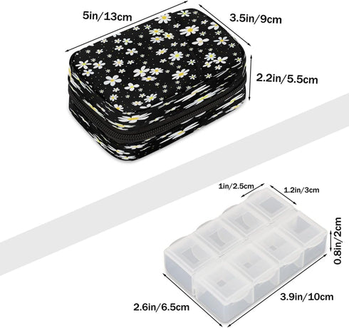 Skerhhux 7 Flower Chrysanthemum Black Pill Case Travel Pill Organizer Weekly Day Portable with Zipper Medicine Box Pill
