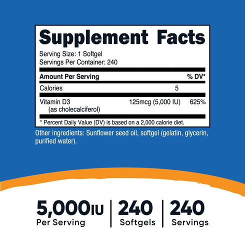 Nutricost Vitamin D3 5,000 IU, 240 Softgels - Non-GMO and Gluten Free Vitamin D