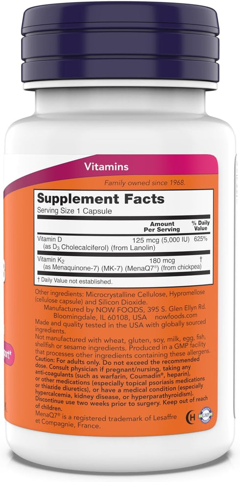 NOW Supplements Mega D-3 & MK-7 5000 IU / 180 mcg, Vitamins K-3 & K-2, Bone & Cardiovascular Support*, 180 Capsules