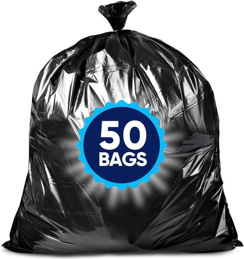 Heavy Duty 55 Gallon Trash Bags, Value-Pack 50 Bags w/Ties, Large Black Garbage Bags for Lawn, Leaf, and Commercial