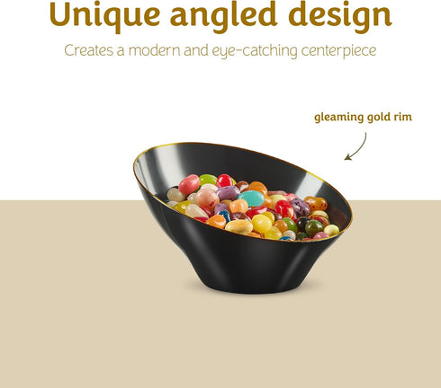 PLASTICPRO Angled Plastic Bowls, Disposable Small Black Serving Bowls with Gold Rim for Party Appetizer Salads, Pack of