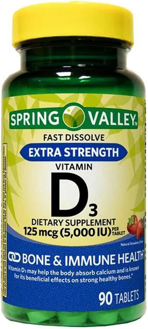 Extra Strength Vitamin D3 Fast Dissolve Tablets, 125 mcg (5,000 IU), Strawberry Flavor, 90 Count