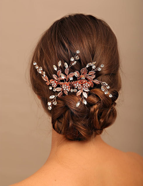 YERTTER Vintage Rhinestones Bride Wedding Hair Accessories - Rose Gold Crystal Floral Leaves Bridal Hair Comb