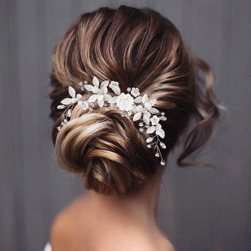 Unicra Silver Flower Bride Wedding Hair Vine Pearl Bridal Hair Piece Rhinestone Headband for Women and Girls