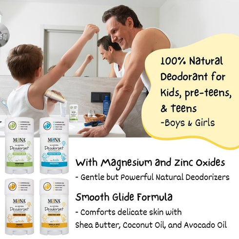 MONA BRANDS 100% Natural Deodorant for Kids, Sensitive Skin, No Baking Soda, Vegan, 1.76 Oz