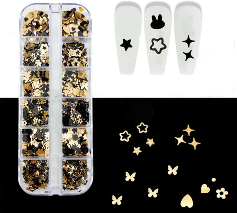 Nail Art Glitter Flakes, Mixed Black Gold Glitter Sequins for Women Manicure Charms and DIY Sparkly Crafts
