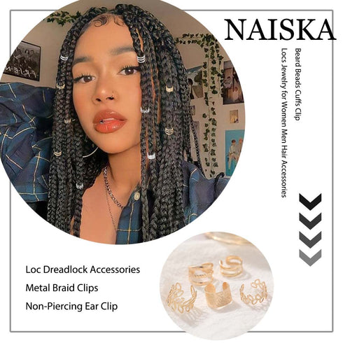NAISKA 15PCS Hair Jewelry, Braid Beads and Accessories, Non-Piercing Ear Clip, Beard Beads for Women and Men