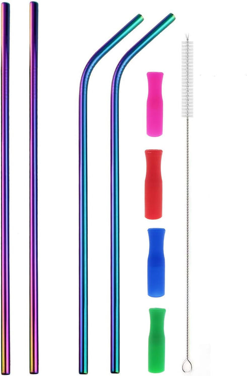 Colorful 12" Stainless Steel Straws, 4pcs Ultra Long Reusable Rainbow Drinking Straws with Silicone Tips & Brush