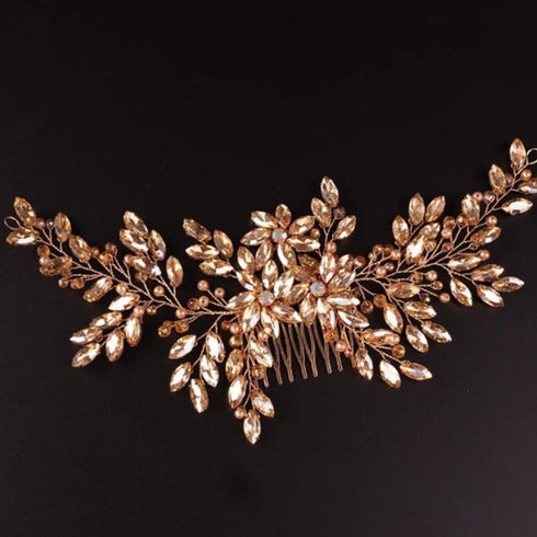 Women Dainty Large Champagne Rhinestones Flower Crystal Pearls Bride Wedding Hair Comb Headband Luxurious Hair Accessories Shiny Rhinestones Crystals Bridal Side Hair Combs for Women Bride Girls (champagne)