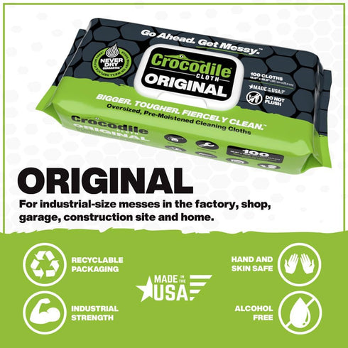 Crocodile Cloth Original - 50, 10" X 15" Cleaning Wipes. Large, Moist, Absorbent and Disposable Cleaning Cloths. Safe on Skin and Multiple Surfaces.