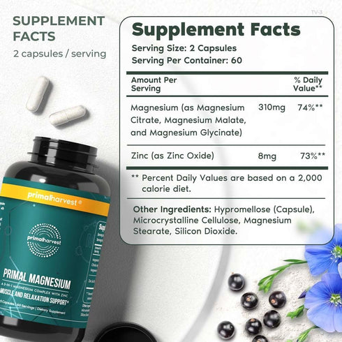 Primal Harvest Magnesium Supplement Complex 310mg with Glycinate, Citrate, Malate, and Zinc, 120 Capsules