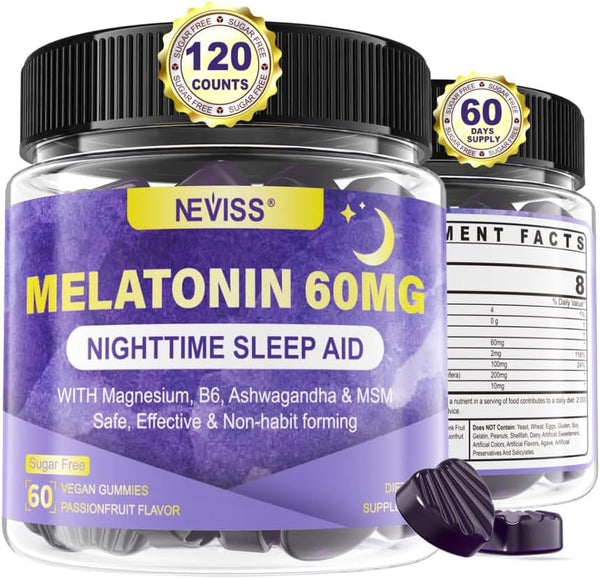 Antioxidant & Brain Support Melatonin 60mg for 50+ Adults - Extra Strength Gummies with B6, Ashwagandha, Magnesium
