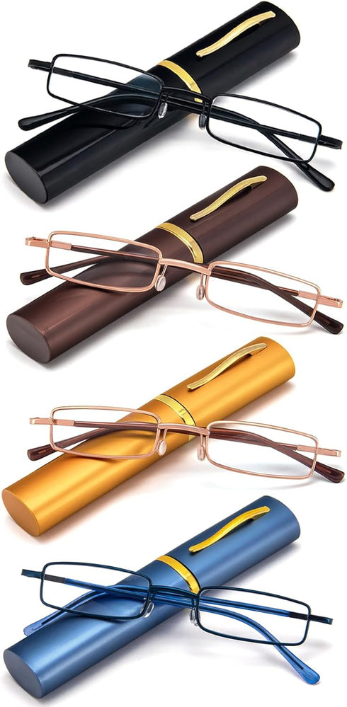 REAVEE 4 Pack Slim Pen Reading Glasses 2.0 for Men Women, Spring Hinged with Portable Clip Case, Black Brown Gold Blue