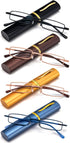REAVEE 4 Pack Slim Pen Reading Glasses 2.0 for Men Women, Spring Hinged with Portable Clip Case, Black Brown Gold Blue