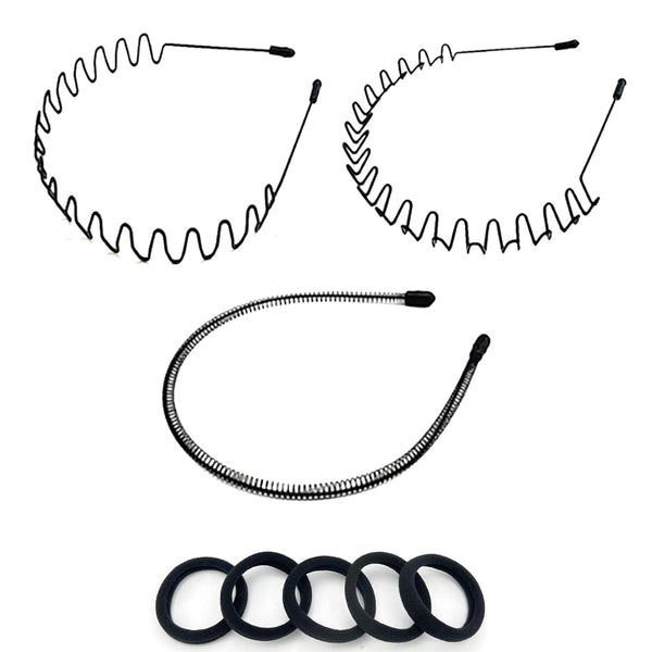 Metal Headbands for Women, Unisex Black Wavy Hair Bands, Simple Elastic Non-Slip Hair Accessories (3pcs)