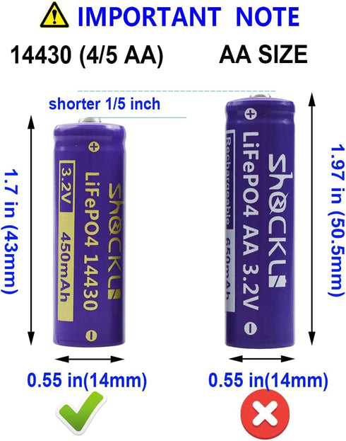 Shockli 14430 3.2V 450mAh LiFePO4 Rechargeable Solar Battery for Outdoor Garden Light, 2-Pack