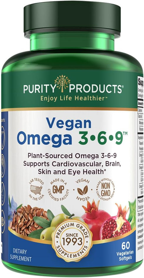 Purity Products Omega 3-6-9 Vegan and Vegetarian Formula - “5 in 1” Essential Fatty Acid Complex, 60 Count