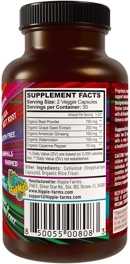 Beet Root Capsules 60 Count - Heart-Healthy Energy with Grape Seed Extract & Ginseng - Vegan Circulation Support