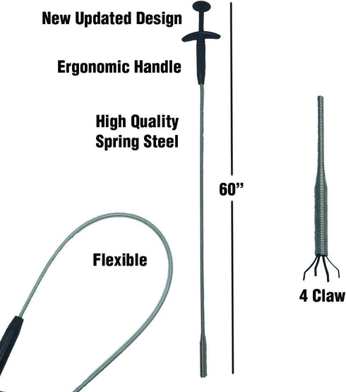 PF WaterWorks GrabEASY 60" Ergonomic Handle, Flexible 4 Claw Pick-Up Tool, Drain Snake