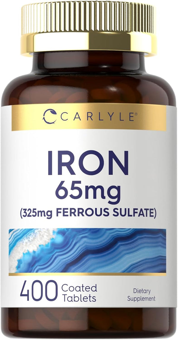 Carlyle Iron Ferrous Sulfate 65 mg | 400 Tablets | Non-GMO, Gluten Free, Vegetarian High Potency Supplement