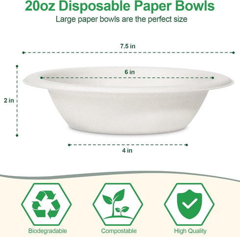 20oz Paper Bowls Disposable, 50 Pack Heavy Duty Compostable Bowls for Hot Soup, Salad, Ice Cream, Biodegradable