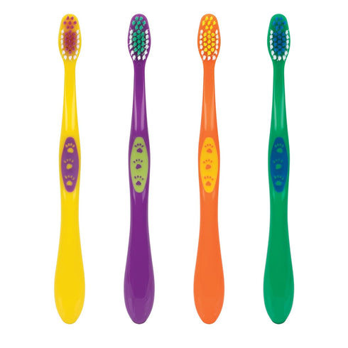 Practicon SmileGoods Y331 Child Toothbrush, Soft, Paw Print Grip, Assorted Colors, Bulk Pack of 72
