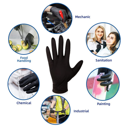 KKD Disposable Latex Free & Powder Free Gloves, 100 Count Black Nitrile for Cleaning & Food Handling