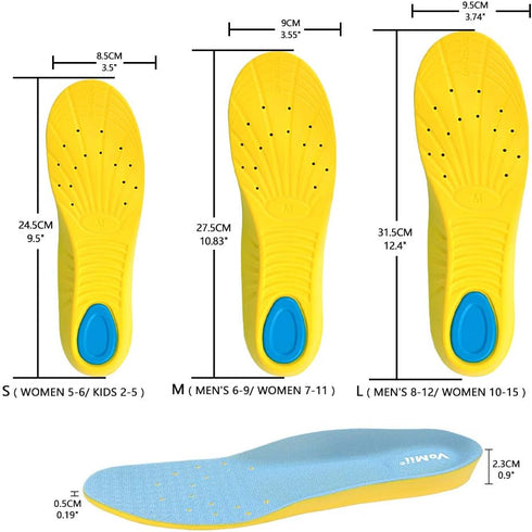 Shoe Insoles for Kids and Women, Comfortable Memory Foam Inserts for Sports, Pain Relief, Arch Support, Blue