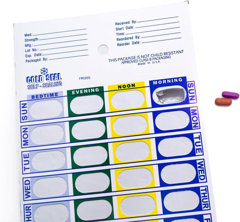 Medi-Aid Weekly Cold Seal Medication Blister Pack System Cards - 4 Times a Day, 24 Compartments, 6 Pack, One Piece Unit