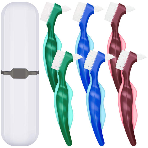 WILLBOND 6 Pieces Hard Denture Brush with White Carrying Case for False Teeth Cleaning (Red, Green, Blue)