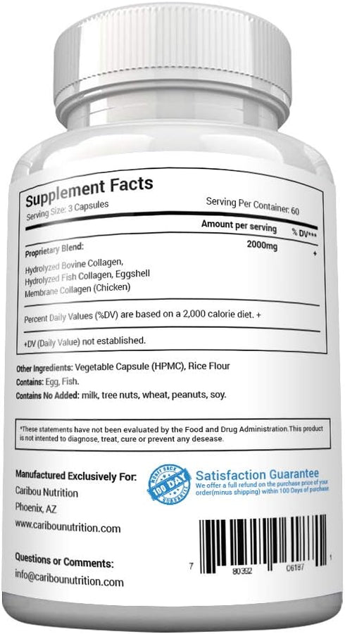 Multi Collagen Pills, 180 Capsules - Type I, II, III, V & X Collagen Peptides, Wild Fish, Eggshell, Chicken & Beef