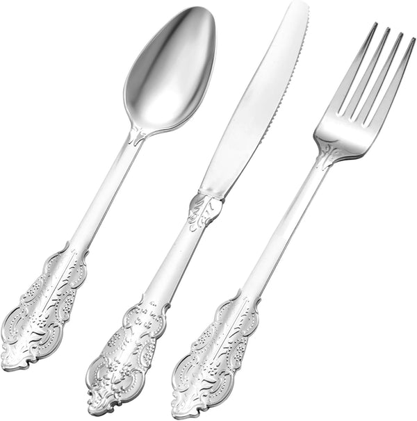 150PCS Silver Plastic Silverware Set for 50 Guests, Heavy Duty Disposable Utensils, Perfect for Wedding or Party