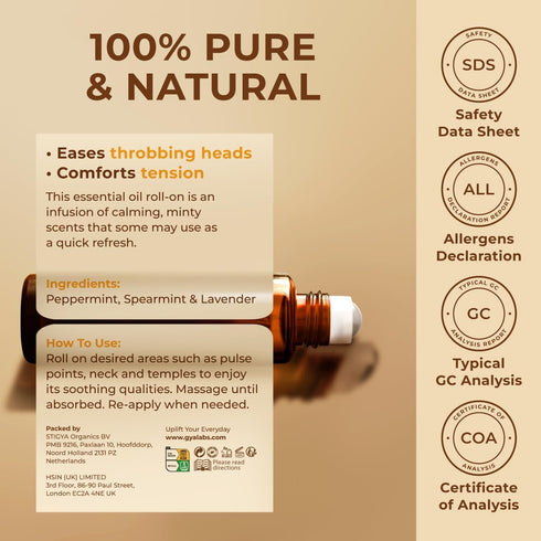 Gya Labs Migraine Essential Oil Roll on - 100% Pure Natural Relief Stick with Peppermint Oil, Self Care Gifts