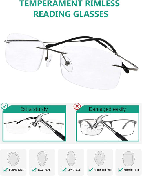 Eyekepper Titanium Rimless Reading Glasses for Men Women - Gunmetal +0.00