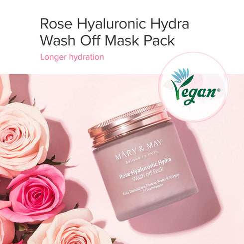 Mary&May Rose Hyaluronic Hydra Wash Off Pack 125g with French Rose Petals, Hyaluronic Acid, Vegan Wash Off Mask