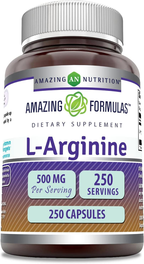 L-Arginine Supplement by Amazing Formulas | 500 Mg Per Serving | 250 Capsules | Non-GMO | Gluten Free | Made in USA