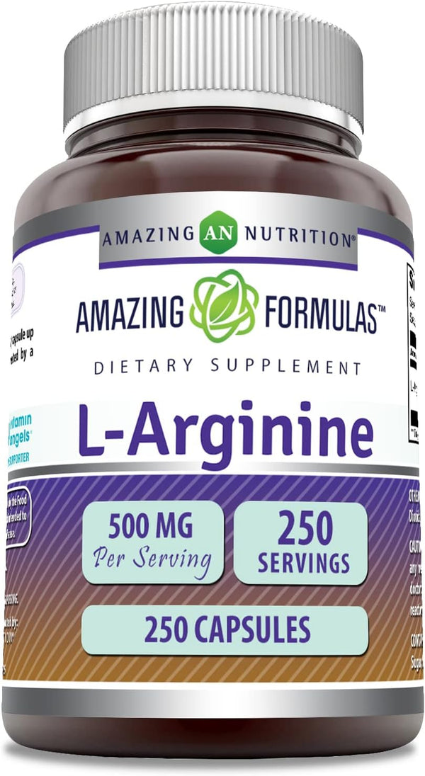 L-Arginine Supplement by Amazing Formulas | 500 Mg Per Serving | 250 Capsules | Non-GMO | Gluten Free | Made in USA