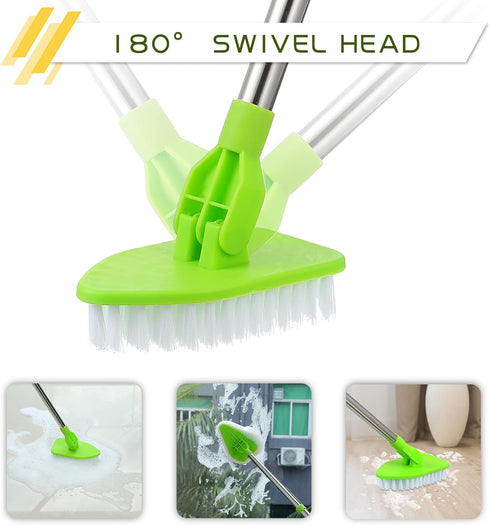 Scrub Cleaning Brush with Long Handle - 2 in 1 Extendable Bathroom Floor Brushes with Stiff Bristles and Sponge Brush