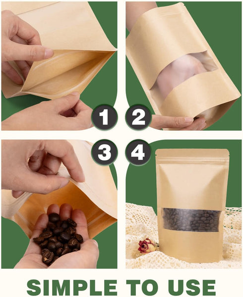 Resealable Bags 200 Packs Coffee Bags, Packaging Bags for Small Business, Stand Up Pouches with Window, Kraft Paper Bags