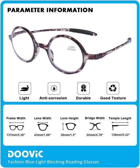DOOViC Round Reading Glasses, Blue Light Blocking Flexible Lightweight Readers, Fashion Design Tortoise Glasses +2.75