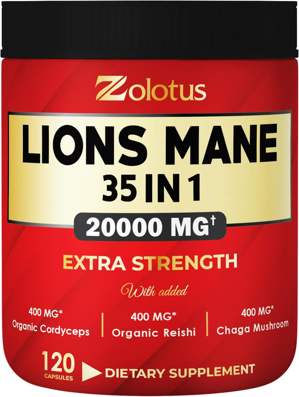 35 in 1 Lions Mane Mushroom Capsules, 20000mg Equivalent with Cordyceps, Reishi, Elderberry, Ginseng - 120 Capsules