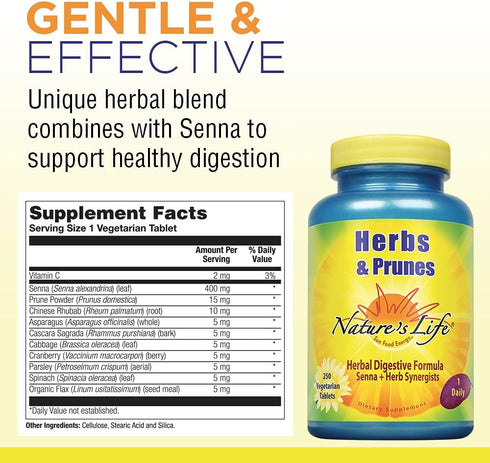 Natures Life Herbs & Prunes | 400mg Senna & Herbal Blend for Healthy Digestion Support | Non-GMO | 250 Tabs, 250 Serv.